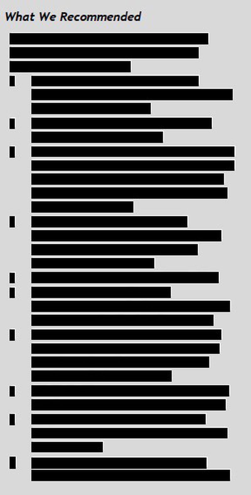 A screenshot of an Atlanta airport security audit report's summary of  recommendations, which were completely redacted. Source: City of Atlanta