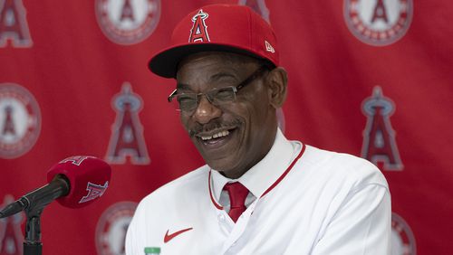 Ron Washington, the new manager of the Los Angeles Angels, smiles during a baseball news conference Wednesday, Nov. 15, 2023, in Anaheim, Calif. The 71-year-old Washington managed the Texas Rangers from 2007-14, winning two AL pennants and going 664–611. (AP Photo/Jae C. Hong)