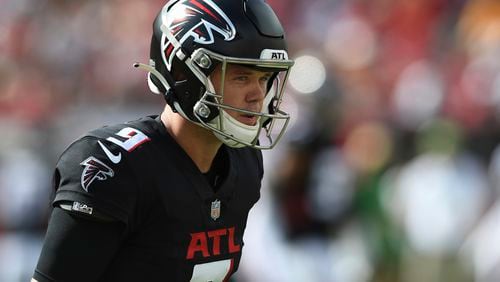 Falcons punter Cameron Nizialek (9) during the first half against the Tampa Bay Buccaneers Sunday, Sept. 19, 2021, in Tampa, Fla. (Jason Behnken/AP)