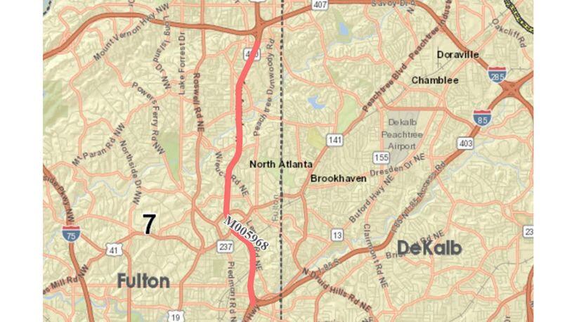Map depicts the stretch of Ga. 400 in North Fulton County where crews will close lanes Friday night through Monday morning, Oct. 9-12, for a ongoing resurfacing project.