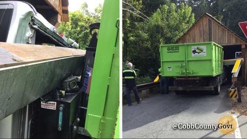 A dump truck struck the metal barrier protecting Cobb County's 145-year-old covered bridge on Tuesday, Sept. 4, 2018.