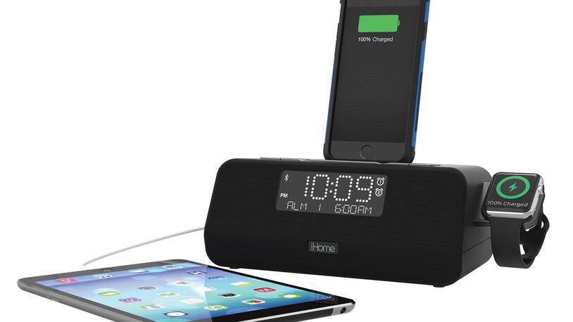 iHome (iPLWBT5) docking clock radio. This sleek, space saving device is packed with desirable features. Charge up your Apple Watch and other mobile devices at night then wake to Bluetooth, Lightning dock, FM radio or audio tones. (Handout/TNS)
