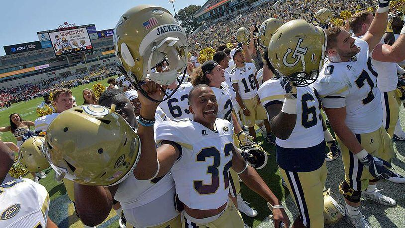 Georgia Tech players celebrate after the 37-10 victory over Jacksonville State Sept. 9. The Jackets will face Pitt in their ACC opener Saturday at Bobby Dodd Stadium. Hyosub Shin/hshin@ajc.com