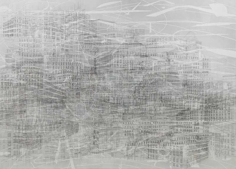 Julie Mehretu's "Berliner Plätze," (2009), ink and acrylic on canvas.
Courtesy of Kristopher McKay/copyright Julie Mehretu, Solomon R. Guggenheim Foundation, New York.
