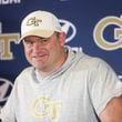 Georgia Tech coach Brent Key reacts as he speaks to members of the media following their first day of spring football practice at Bobby Dodd Stadium,  March 11, 2024, in Atlanta. (Jason Getz / jason.getz@ajc.com)
