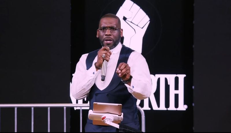The Rev. Jamal Bryant directly addressed the week's news in New Missionary Baptist Church's Sunday service that was livestreamed Jan. 10, 2021. (Photo via New Birth Missionary Baptist Church livestream)