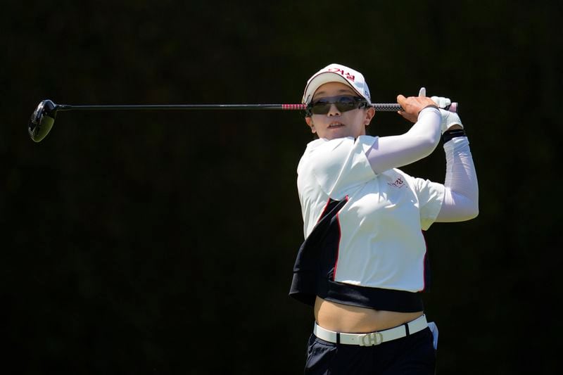 Jin Hee Im hits from the second tee during the fourth round of the LPGA's JM Eagle LA Championship golf tournament at Wilshire Country Club, Sunday, April 28, 2024, in Los Angeles. (AP Photo/Ashley Landis)
