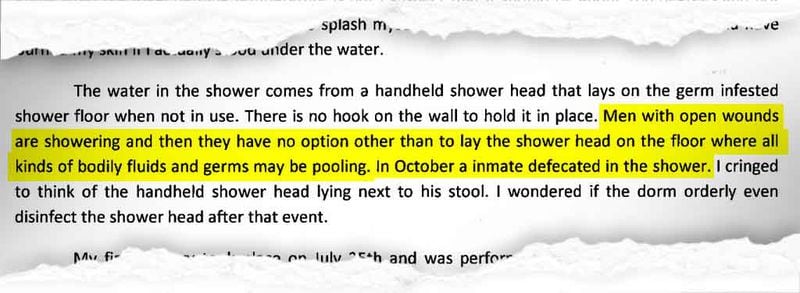 A portion of an inmate’s letter in which he complained about the conditions he experienced at Augusta State Medical Prison after undergoing surgery for bladder cancer.