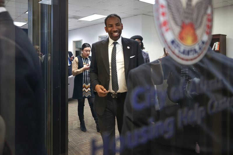 Atlanta Mayor Andre Dickens exits the City of Atlanta Housing Help Center inside of Two Peachtree Street on Tuesday, Dec. 12, 2023. The city plans to turn the 41-story building into a mixed-income, mix-use space that will hold hundreds of housing units. (Natrice Miller/ Natrice.miller@ajc.com)