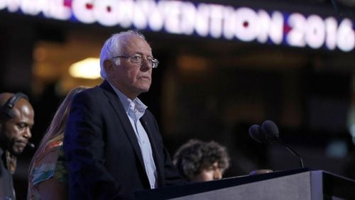 Bernie Sanders appears at the Democratic National Convention on Monday in Philadelphia. (AP Photo)