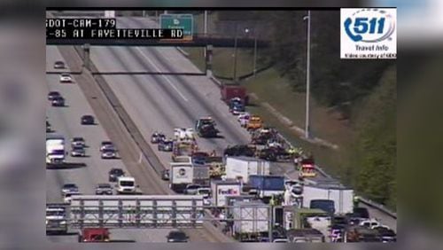 A seven-vehicle  crash caused delays for hours on I-85 South in Fairburn. Two people were seriously injured.