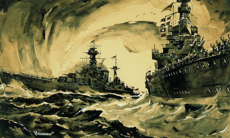 Battle Cruiser H.M.S. Repulse Parts Company with Giant Warship H.M.S. Hood, 1939, by artist Arthur Beaumont.