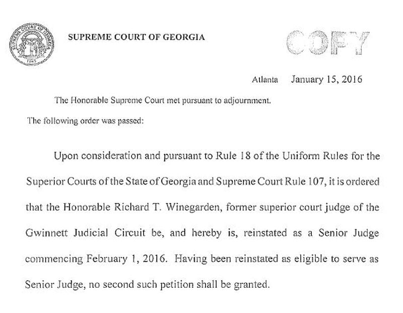 The Georgia Supreme Court reinstated Richard Winegarden to the bench after Gwinnett voters tossed him out.