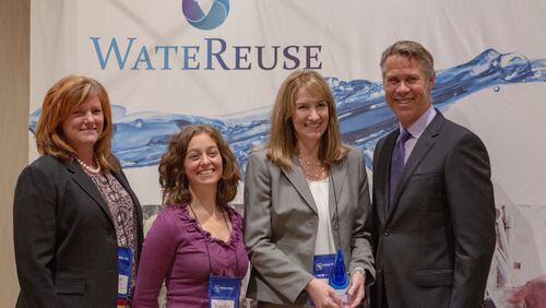 Pictured left to right are Dr. Kati Bell (Brown and Caldwell), Jen Hooper (CDM Smith), Denise Funk (Gwinnett County Department of Water Resources) and Paul Jones (President of WateReuse Board of Directors). Bell and Hooper were co-principal investigators on a research project to evaluate the feasibility and economics of using ozone/biological filtration treatment to produce drinking water directly from reclaimed water, compared to more expensive reverse-osmosis processes. (Courtesy of WaterReuse)