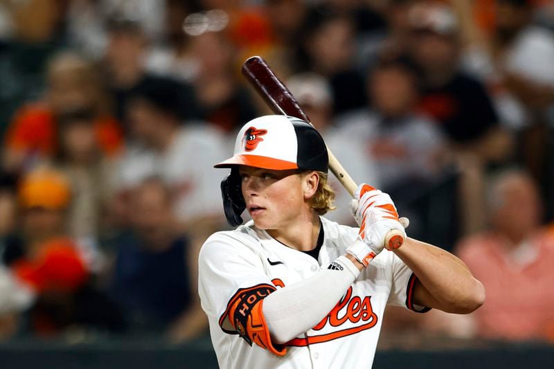 Baltimore Orioles' Jackson Holliday takes an at-bat during the fifth inning of a baseball game against the Minnesota Twins, Monday, April 15, 2024, in Baltimore. (AP Photo/Julia Nikhinson)