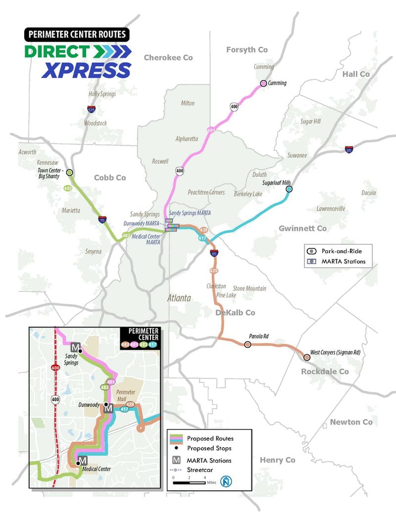 This map provided by GRTA shows the four routes that will serve the Perimeter Center business district coming from Cobb, Gwinnett, Forsyth and Rockdale counties. Currently only one route serves Perimeter Center, from Conyers.