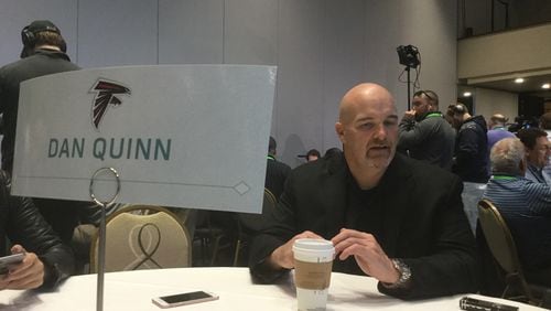 Falcons coach Dan Quinn discussing a variety of topics at the NFL owners meeting in Boca Raton, Fla. on Wednesday. (By D. Orlando Ledbetter/dledbetter@ajc.com)