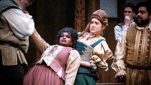11. Mistresses Ford and Page (Peyton Johnson, left, and Kelly Criss) recoil from the advances of Sir John Falstaff (Vinnie Mascola) in "The Merry Wives of Windsor."
