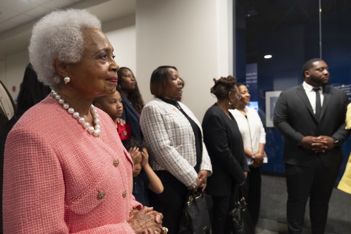 Billye Aaron watches and smiles before the opening of the Atlanta History Center exhibit “More Than Brave: The Life of Henry Aaron” on Monday, April 8, 2024.   (Ben Gray / Ben@BenGray.com)