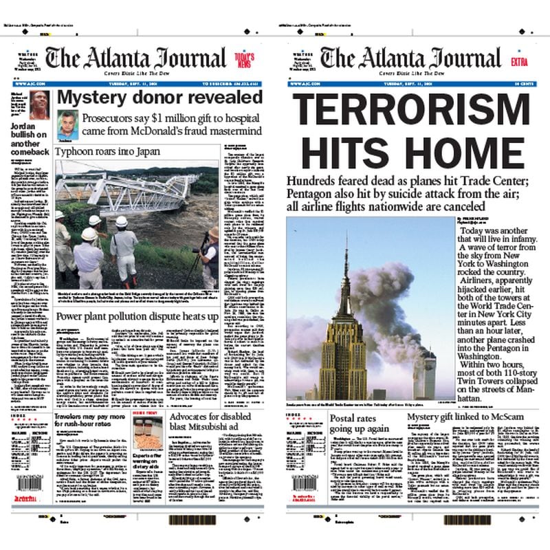 The original Sept. 11, 2001, front page of the Journal (left) vs. the day's first extra front after terrorists attacked the World Trade Center. AJC PRINT ARCHIVES