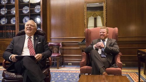 12/19/2018 -- Atlanta, Georgia -- Georgia Governor Nathan Deal (left) and his chief of staff Chris Riley share a laugh while reminiscing on Deal's legacy as a two term governor in his office at the Georgia State Capitol building in Atlanta, Wednesday, December 19, 2018.  (ALYSSA POINTER/ALYSSA.POINTER@AJC.COM)