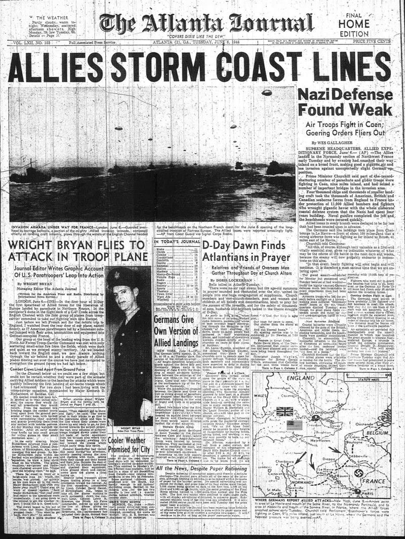 Front page of The Atlanta Journal on June 6, 1944