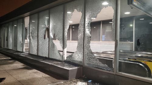 Vandals broke windows at MARTA's Peachtree Center station Saturday night. The agency will suspend service Monday night inside Atlanta, but continue to provide service outside the city. (MARTA PHOTO)
