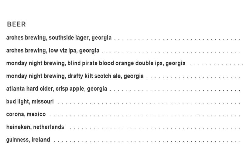Beer list for Virgil's Gullah Kitchen & Bar