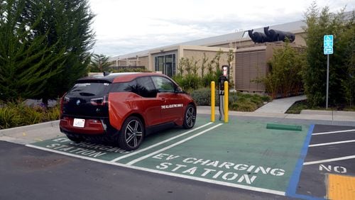 Updated electric vehicle charging stations, such as this installation at Google in Mountain View, Calif., are now available at three locations in Roswell. CHARGEPOINT