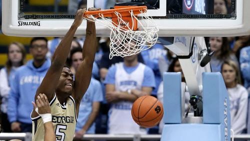 Georgia Tech forward Moses Wright (5) dunks against North Carolina during the first half of an NCAA college basketball game in Chapel Hill, N.C., Saturday, Jan. 4, 2020. (AP Photo/Gerry Broome)