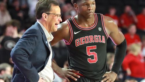 Georgia coach Tom Crean confers with guard Anthony Edwards during game action against Texas A&M in a 63-48 Georgia victory during a NCAA college basketball game on Saturday, Feb. 1, 2020, in Athens.   Curtis Compton ccompton@ajc.com