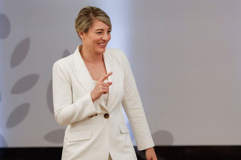 Canadian Minister of Foreign Affairs Melanie Joly attends a meeting on the second day of a G7 foreign ministers meeting on Capri island, Italy, Thursday April 18, 2024. (Remo Casilli/Pool via AP)