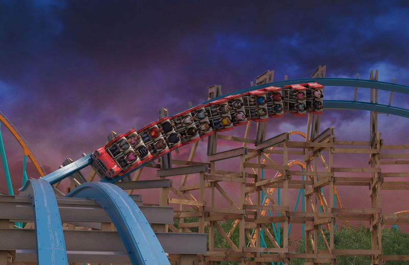 This artist’s rendering shows the coaster train on the Twisted Cyclone ride. Twisted Cyclone features trains that look like convertible sports cars. The ride is replacing the former Georgia Cyclone coaster. CONTRIBUTED BY SIX FLAGS OVER GEORGIA