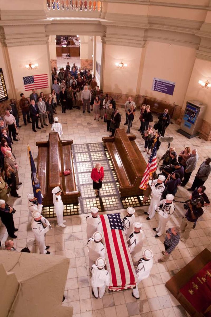 Betty White (in red, in center) and sailors from Naval Submarine Base Kings Bay during a scene in “The Lost Valentine,” which filmed at the Georgia Capitol. Photo credit: Naval Submarine Base Kings Bay Public Affairs