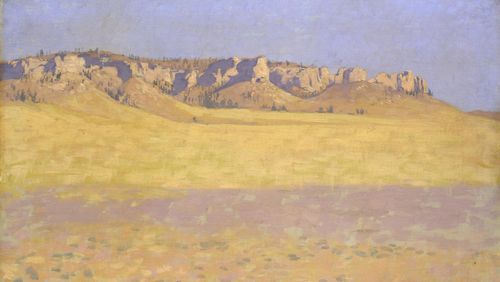 This untitled painting is commonly called “Red Cloud Buttes North of Fort Robinson,” and is among the 70 artworks and artifacts from Frederic Remington in the new exhibit at the Booth Western Art Museum called “Treasures From the Frederic Remington Art Museum and Beyond.” CONTRIBUTED BY BOOTH WESTERN ART MUSEUM