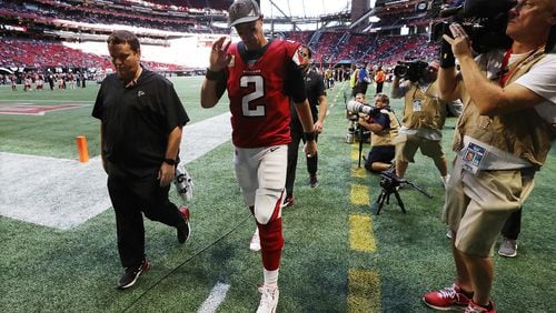 Falcons quarterback Matt Ryan heads to the locker room with an ankle injury during the fourth quarter against the Los Angeles Rams Sunday, Oct. 20, 2019, at Mercedes-Benz Stadium in Atlanta.