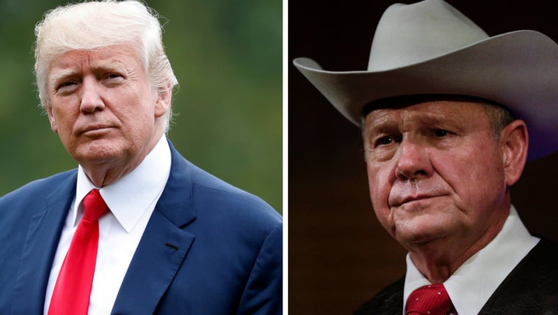 President Donald Trump, right, and embattled Senate candidate Roy Moore, right. Trump stopped just short of endorsing Moore for U.S. Senate on Tuesday in the wake of underage sexual assault and harassment allegations against Moore.