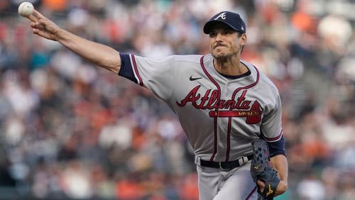 Atlanta Braves' Charlie Morton pitches against the San Francisco Giants during the first inning of a baseball game in San Francisco, Saturday, Sept. 18, 2021. (AP Photo/Jeff Chiu)