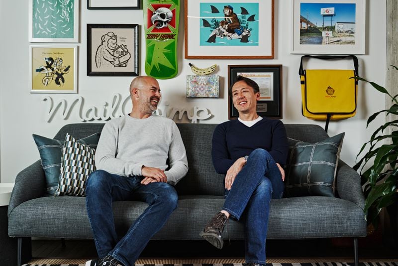 Mailchimp co-founders Dan Kurzius (left) and Ben Chestnut sit in their headquarters office at Ponce City Market in 2021.