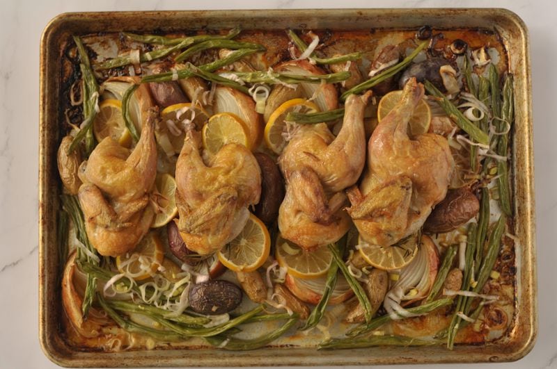 “Thanksgiving for Two (or Four)” by Cynthia Graubart offers comforting holiday dishes sized for small gatherings. Among the recipes is Cornish Hen Sheet Pan (pictured). 
Courtesy of Cynthia Graubart