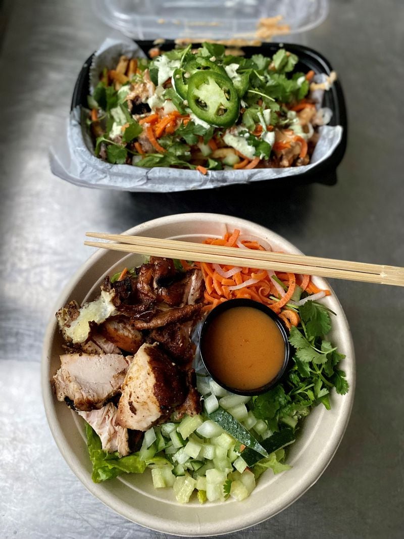 Pho Cue’s banh mi fries (top) and vermicelli salad with smoked chicken are loaded with fresh herbs and veggies. Wendell Brock for The Atlanta Journal-Constitution