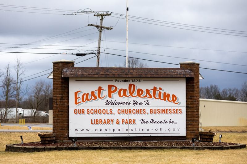 A welcome sign is seen in East Palestine, Ohio on Friday, February 17, 2023. (Arvin Temkar / arvin.temkar@ajc.com)