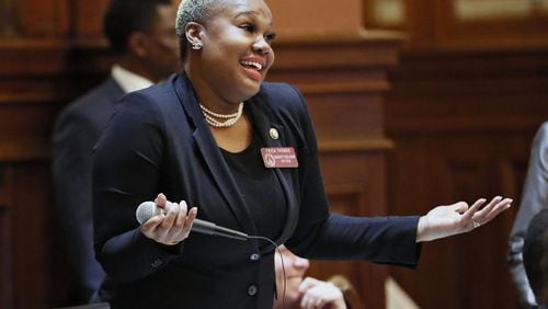 State Rep. Erica Thomas, D-Austell, took part in debating a bill that would allow local voters to decide whether restaurants could begin selling alcohol on Sundays at 11 a.m. The Georgia House passed Senate Bill 17, the “brunch bill,” sending it to the governor’s desk for his signature. BOB ANDRES /BANDRES@AJC.COM