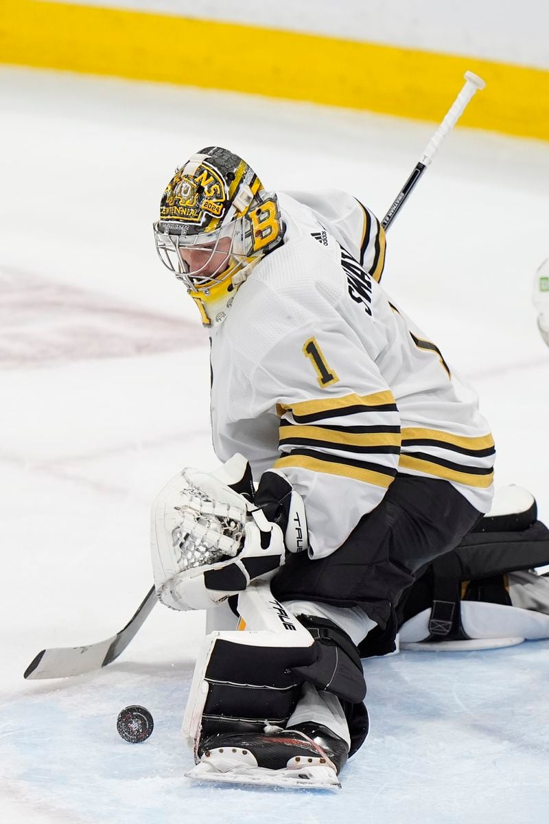Boston Bruins goaltender Jeremy Swayman makes a save during the second period of Game 1 of the second-round series of the Stanley Cup Playoffs against the Florida Panthers, Monday, May 6, 2024, in Sunrise, Fla. (AP Photo/Wilfredo Lee)