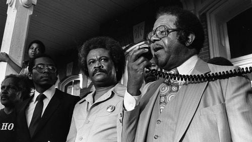 Tyrone Brooks and other civil rights leaders speak at a civil rights rally at the Walton County Historic Courthouse in Monroe, Ga. on Feb. 20, 1982.
MANDATORY CREDIT: BUD SKINNER / THE ATLANTA JOURNAL-CONSTITUTION