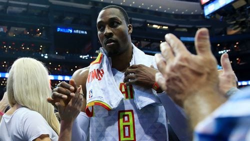 Dwight Howard walks off the court after beating the Washington Wizards in Game Four of the Eastern Conference Quarterfinals April 24, 2017, in Atlanta.