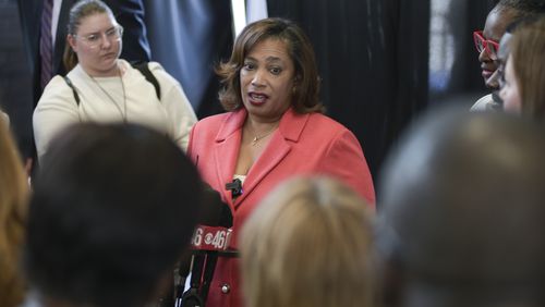 Vasanne Tinsley, interim superintendent of the DeKalb County School District, speaks to the news media on Wednesday, April 27, 2022, a day after the school board fired Cheryl Watson-Harris as superintendent. (Natrice Miller / natrice.miller@ajc.com)