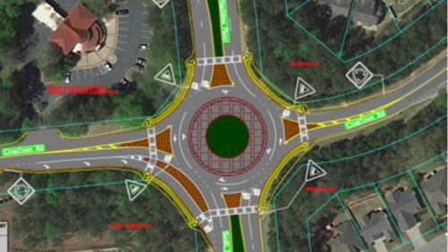 Peachtree City is moving forward with plans to turn the four-way stop at Peachtree Parkway South and Crosstown Drive into a roundabout. Courtesy Peachtree City