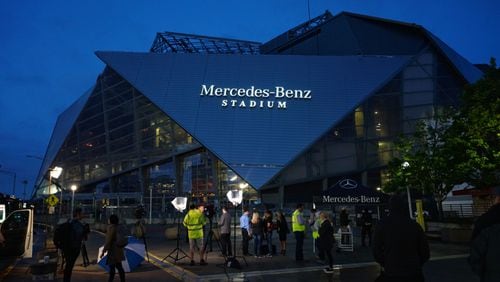 The lighting was turned on Thursday morning on the Mercedes-Benz Stadium signage on the outside of the new stadium in downtown Atlanta. (Contributed photo by Jason Hales/Mercedes-Benz)