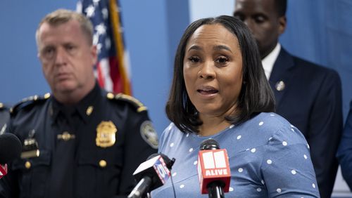 Fulton County District Attorney Fani Willis speaks to journalists about a federal grant that is allowing her office and the Atlanta Police Department to increase work on the backlog of rape kits during a press conference in Atlanta on Thursday, Sept. 14, 2023.   (Ben Gray / Ben@BenGray.com)